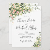 ピンクの花の水彩筆記体招待状 招待状 (正面/裏面)