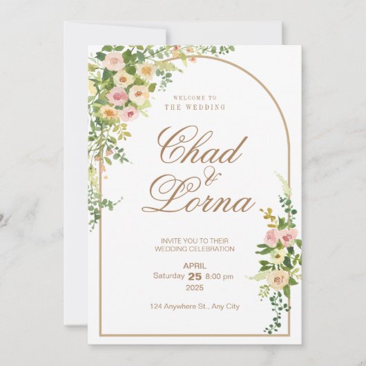 ピンクの花の水彩結婚式招待状カード 招待状 (正面)