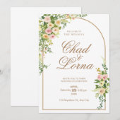 ピンクの花の水彩結婚式招待状カード 招待状 (正面/裏面)