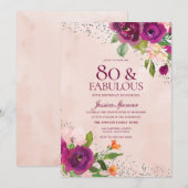 ピンクの花の水彩背景 80歳の誕生日パーティー 招待状 (正面/裏面)