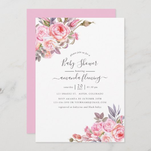 ピンクの花の水彩 ベビーシャワー 招待状 (正面/裏面)