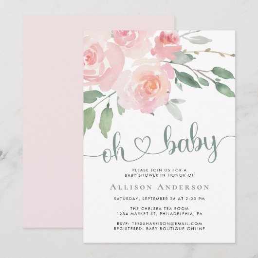 ピンクの花の水彩 ベビーシャワー 招待状 (正面/裏面)