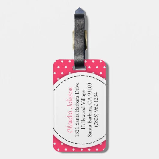 ピンクの花の水玉模様名：ラッゲージタグ ラゲッジタグ (裏面縦)