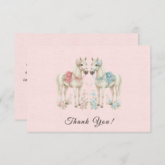 ピンクの花の水色の結婚馬 サンキューカード (正面/裏面)