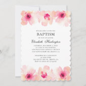 ピンクの花の水色。赤面フローラ洗礼 招待状 (正面)