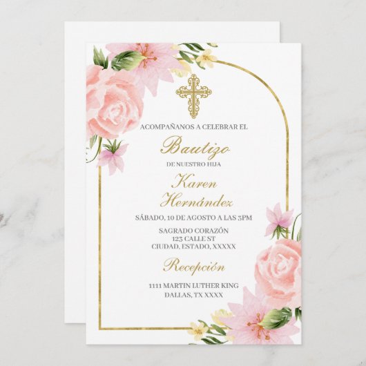 ピンクの花の洗礼スペインの 招待状 (正面/裏面)