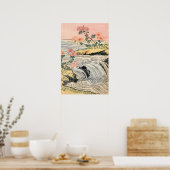 ピンクの花の滝の風景 ポスター (キッチン)