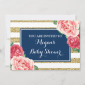 ピンクの花の濃紺の金ゴールドのストライプなベビーシャワー 招待状 (正面)