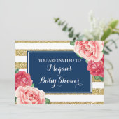 ピンクの花の濃紺の金ゴールドのストライプなベビーシャワー 招待状 (スタンド正面)