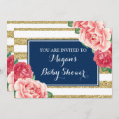 ピンクの花の濃紺の金ゴールドのストライプなベビーシャワー 招待状 (正面/裏面)