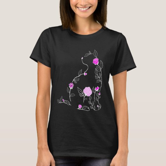 ピンクの花の猫のピンクのグラフィック Tシャツ (正面)