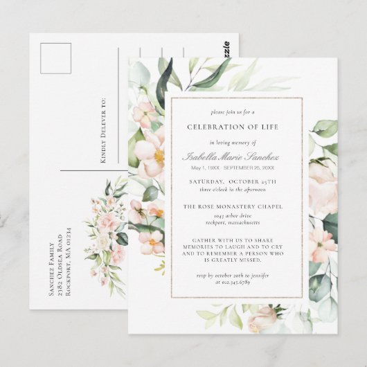 ピンクの花の生命のお祝い葬儀ポストカード ポストカード (正面/裏面)