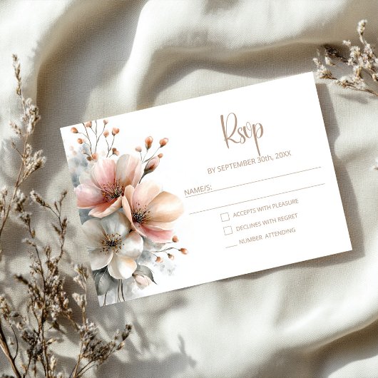 ピンクの花の田舎風結婚式RSVP 出欠カード