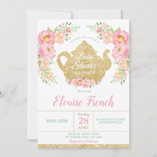 ピンクの花の真新しいベビーシャワーのハイティーのパーティーのベビー 招待状 (正面)