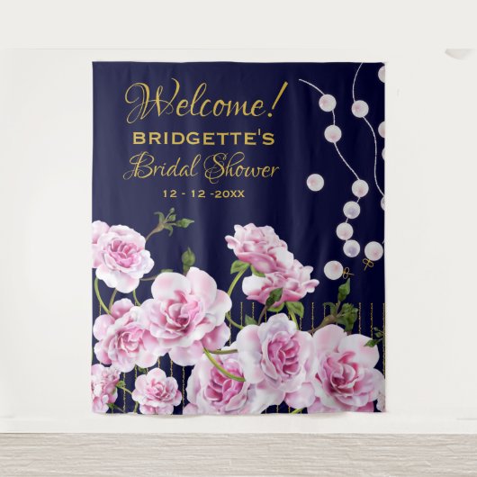 ピンクの花の真珠のウェディング タペストリー (正面)