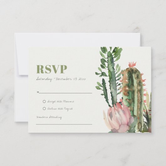 ピンクの花の砂漠のサボテンの葉の水彩画 RSVP (正面)