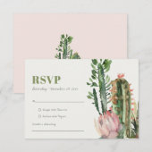 ピンクの花の砂漠のサボテンの葉の水彩　ぜひご参加ください 出欠カード (正面/裏面)