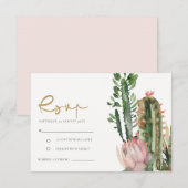 ピンクの花の砂漠のサボテンの葉の水彩　ぜひご参加ください 出欠カード (正面/裏面)