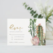 ピンクの花の砂漠のサボテン　植物　水彩　ご招待 出欠カード (スタンド正面)