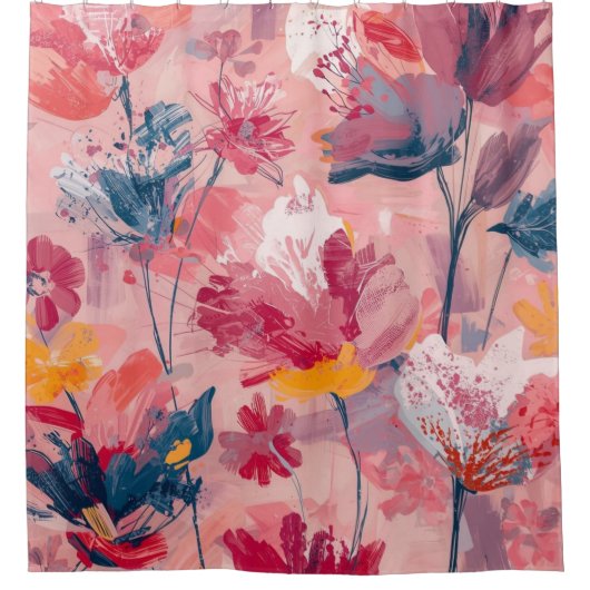 ピンクの花の筆致ボタニカル柄 シャワーカーテン (正面)