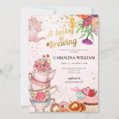 ピンクの花の紅茶パーティー Baby is Brewing ベビーシャワー 招待状 (正面)