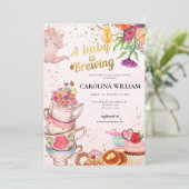 ピンクの花の紅茶パーティー Baby is Brewing ベビーシャワー 招待状 (スタンド正面)