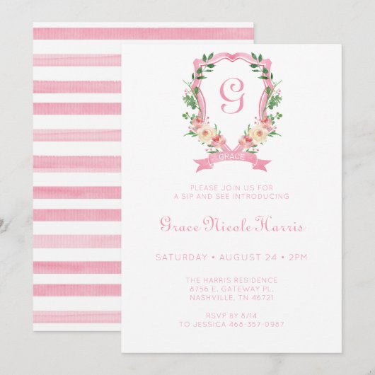 ピンクの花の紋章の女の子のシップ・アンド・シー招待状 招待状 (正面/裏面)