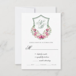 ピンクの花の紋章の結婚式返信カード 出欠カード