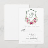ピンクの花の紋章の結婚式返信カード 出欠カード (正面/裏面)