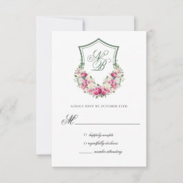 ピンクの花の紋章の結婚式返信カード 出欠カード