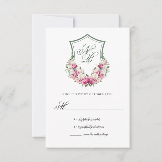 ピンクの花の紋章の結婚式返信カード 出欠カード (正面)
