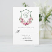ピンクの花の紋章の結婚式返信カード 出欠カード (スタンド正面)