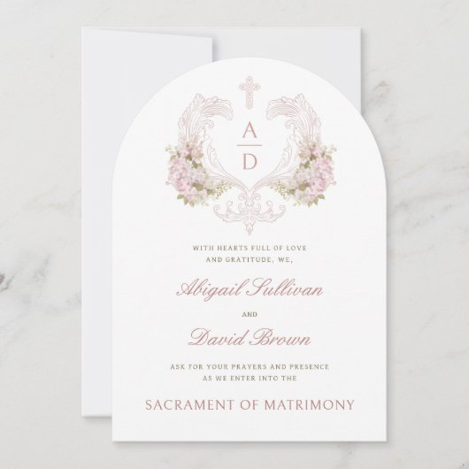 ピンクの花の紋章カトリック結婚の 招待状 (正面)