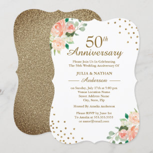 ピンクの花の紙吹雪 50周年 結婚記念日 招待状