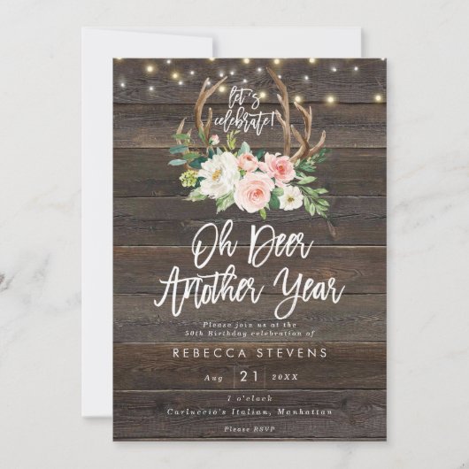 ピンクの花の素朴な木は誕生会をつけます 招待状 (正面)