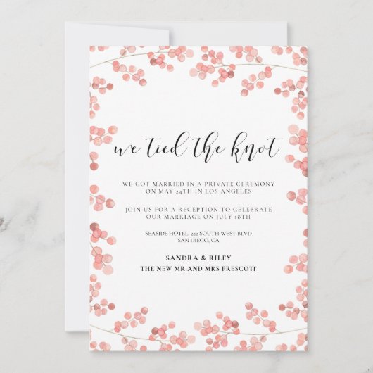 ピンクの花の結婚報告カードを結びました 招待状 (正面)