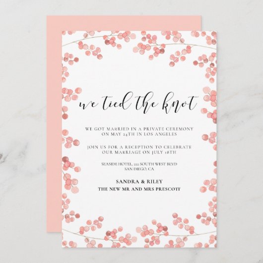ピンクの花の結婚報告カードを結びました 招待状 (正面/裏面)