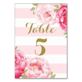 ピンクの花の結婚式のテーブル数カードを縞で飾ります テーブルナンバー