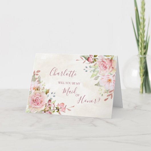 ピンクの花の結婚式のメイド・オブ・オナー提案カード サンキューカード (正面)