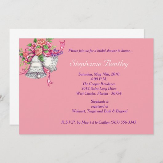 ピンクの花の結婚式の鐘のブライダルシャワーの招待状 招待状 (正面/裏面)