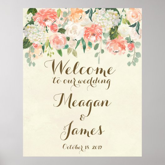 ピンクの花の結婚式ウェルカムポスター看板 ポスター (正面)