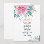 ピンクの花の結婚式座席表。植物計画 招待状 (正面/裏面)