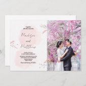 ピンクの花の結婚式招待状と写真 招待状 (正面/裏面)
