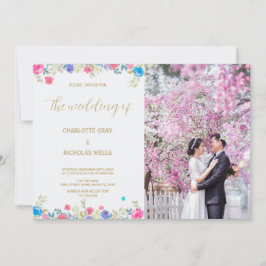 ピンクの花の結婚式招待状と写真 招待状