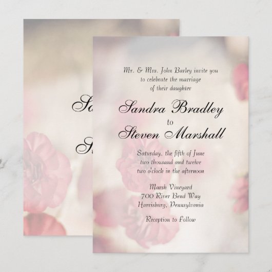 ピンクの花の結婚式招待状 招待状 (正面/裏面)