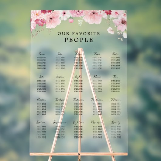 ピンクの花の結婚式20卓席次表 アクリルサイン (ニュートラル)