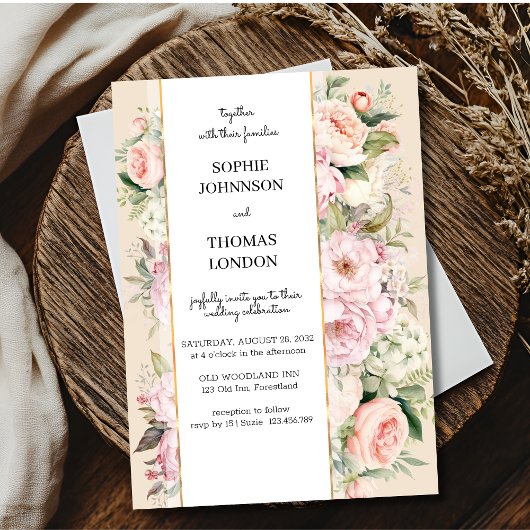 ピンクの花の結婚水色 招待状