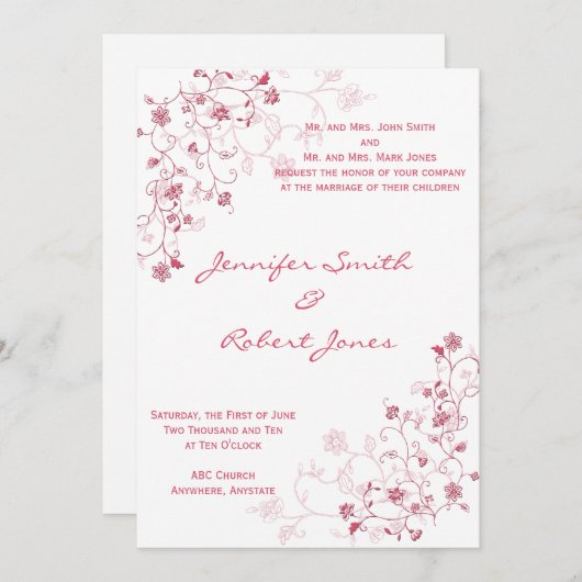 ピンクの花の絡まるウェディング・インビテーション 招待状 (正面/裏面)