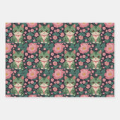 ピンクの花の継ぎ目のある可愛い猫 ラッピングペーパーシート (正面2)