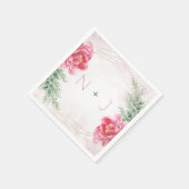 ピンクの花の緑の水彩ウェディング スタンダードカクテルナプキン (角)